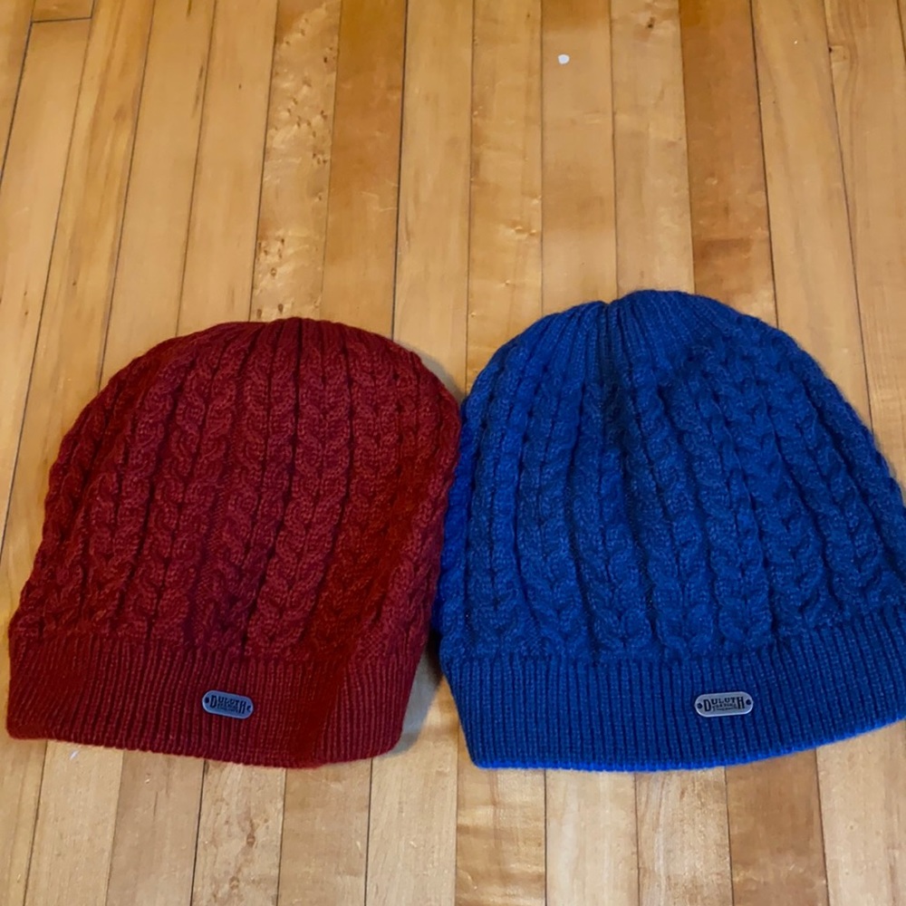 Duluth Trading winter beanie hats red and blue